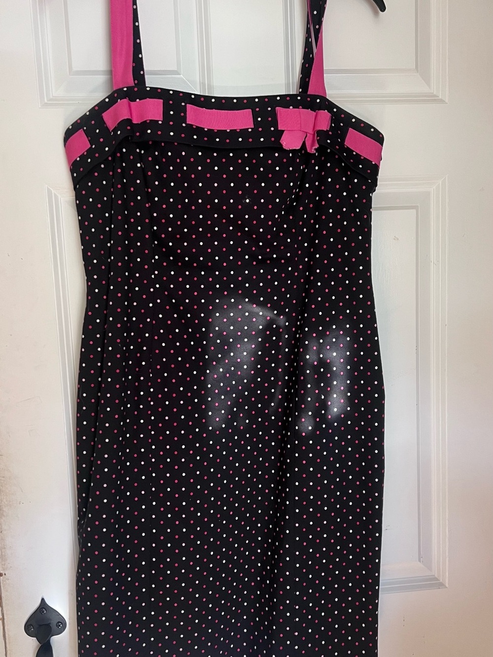 Jones New York Black Midi Dress with Pink Polka Dots and Pink Trim Bow
